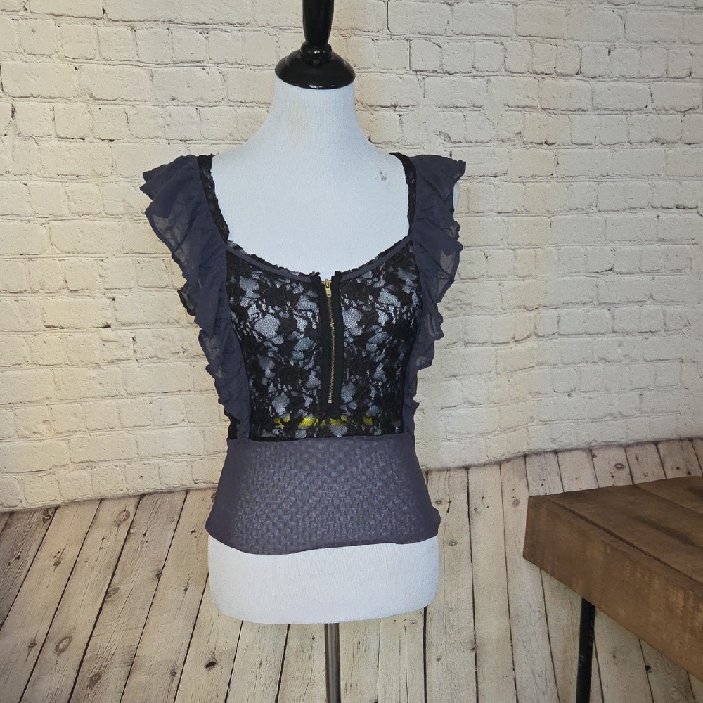 Free People Navy Lace Ruffle Blouse